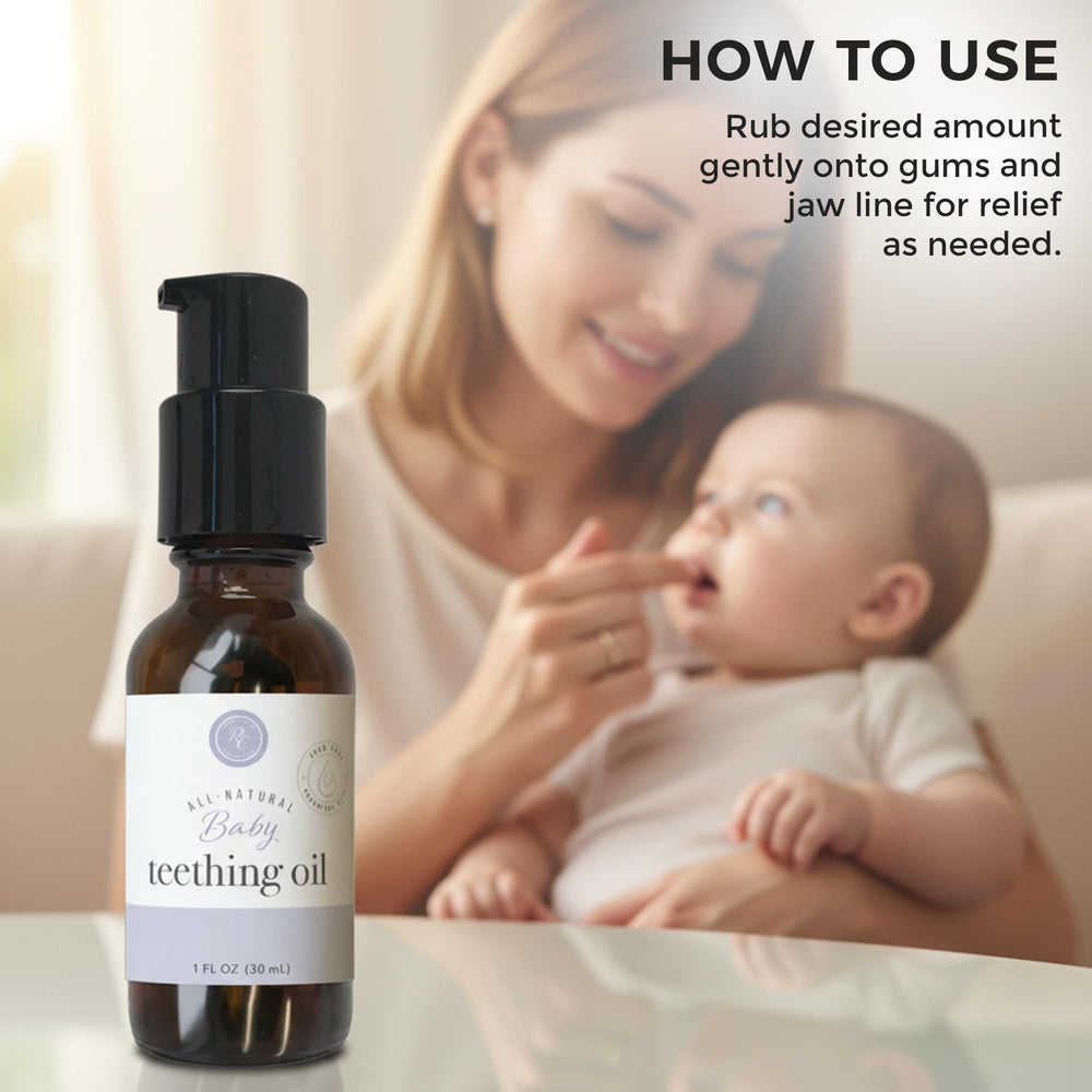 Rowe Casa Organics teething oil features chamomile and copaiba for gentle care