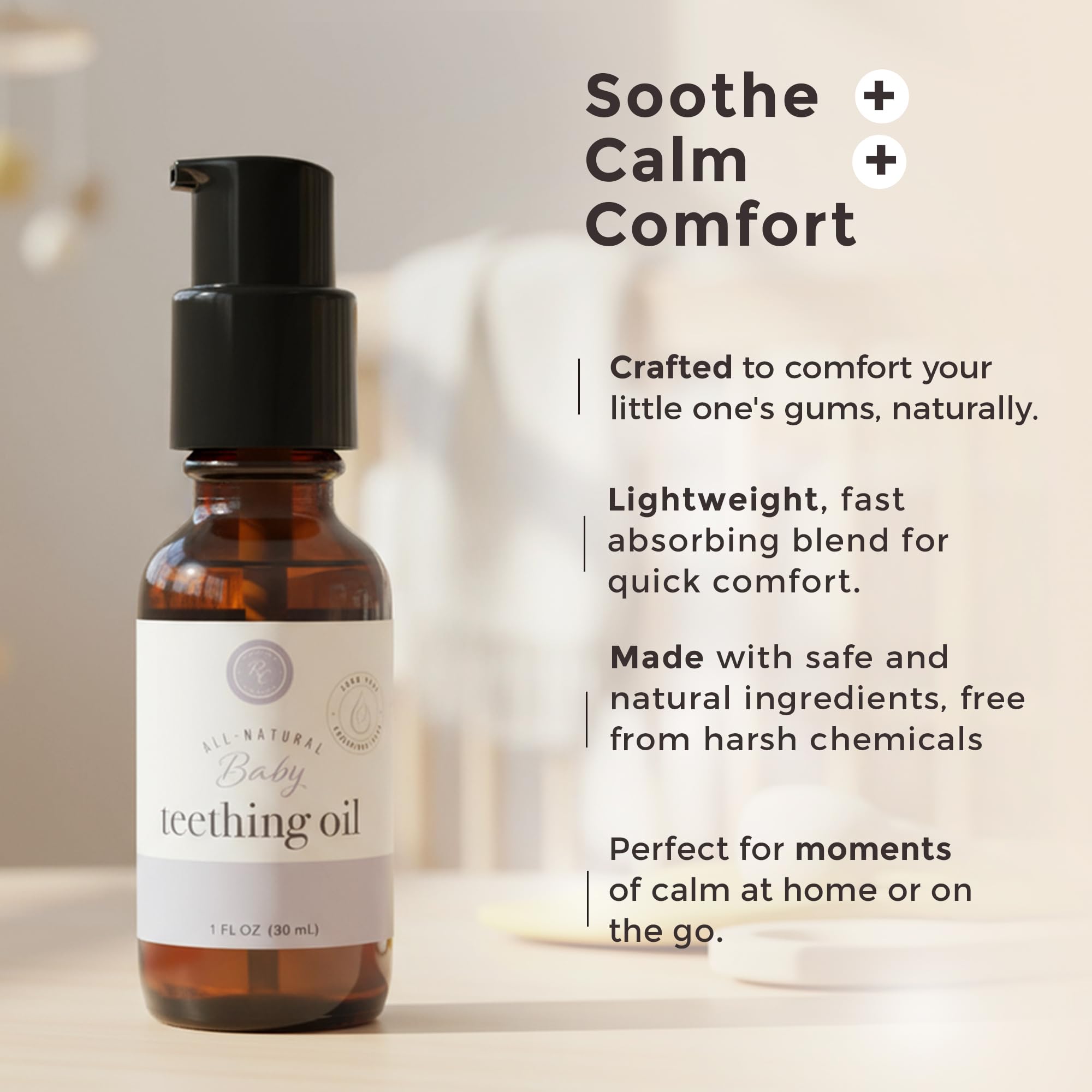 Rowe Casa Organics teething oil on a changing table for on-the-go soothing