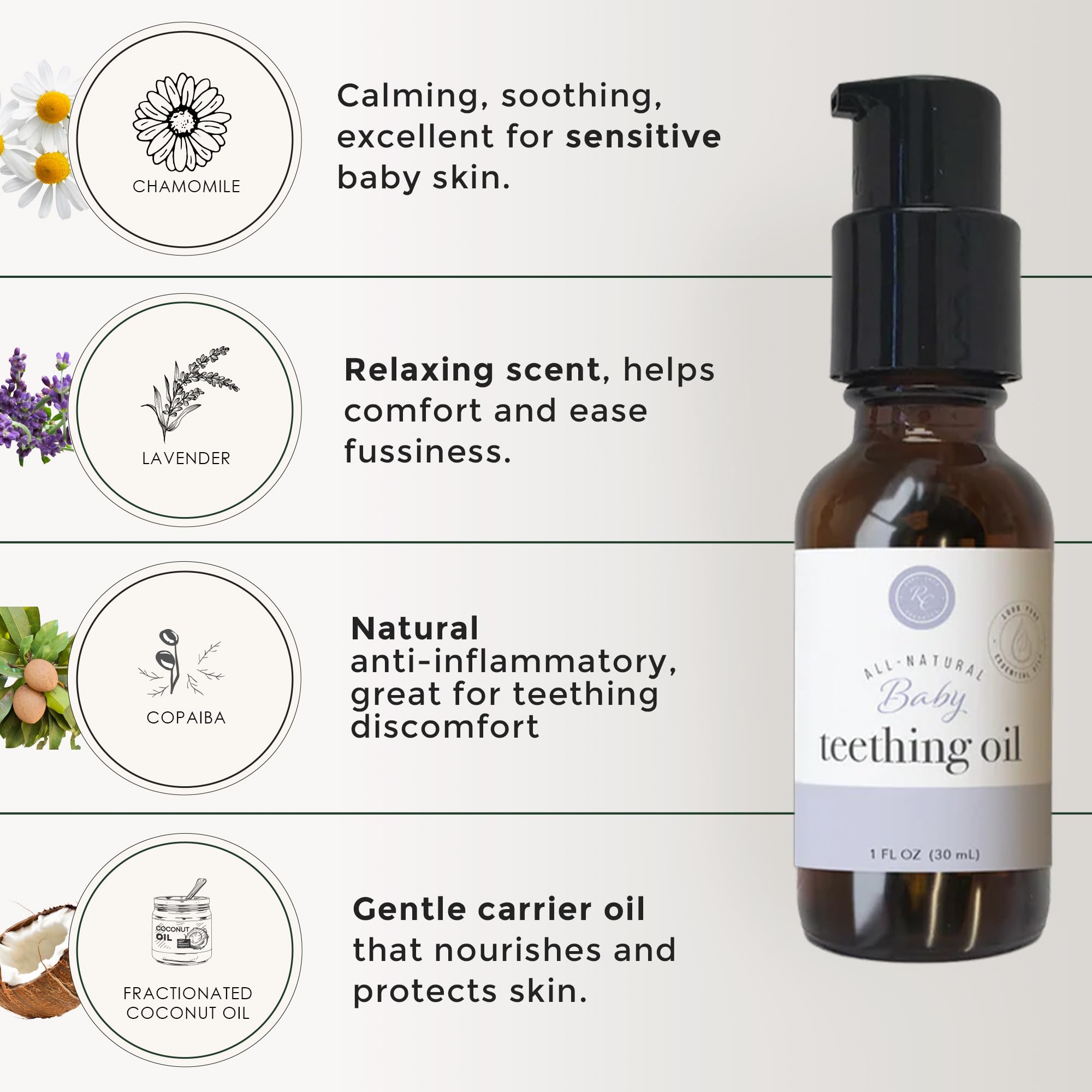 Rowe Casa Organics teething oil highlights organic ingredients and natural formula