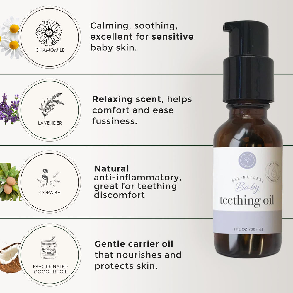 Rowe Casa Organics teething oil highlights organic ingredients and natural formula