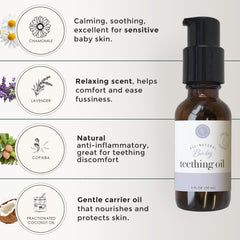 Rowe Casa Organics teething oil highlights organic ingredients and natural formula