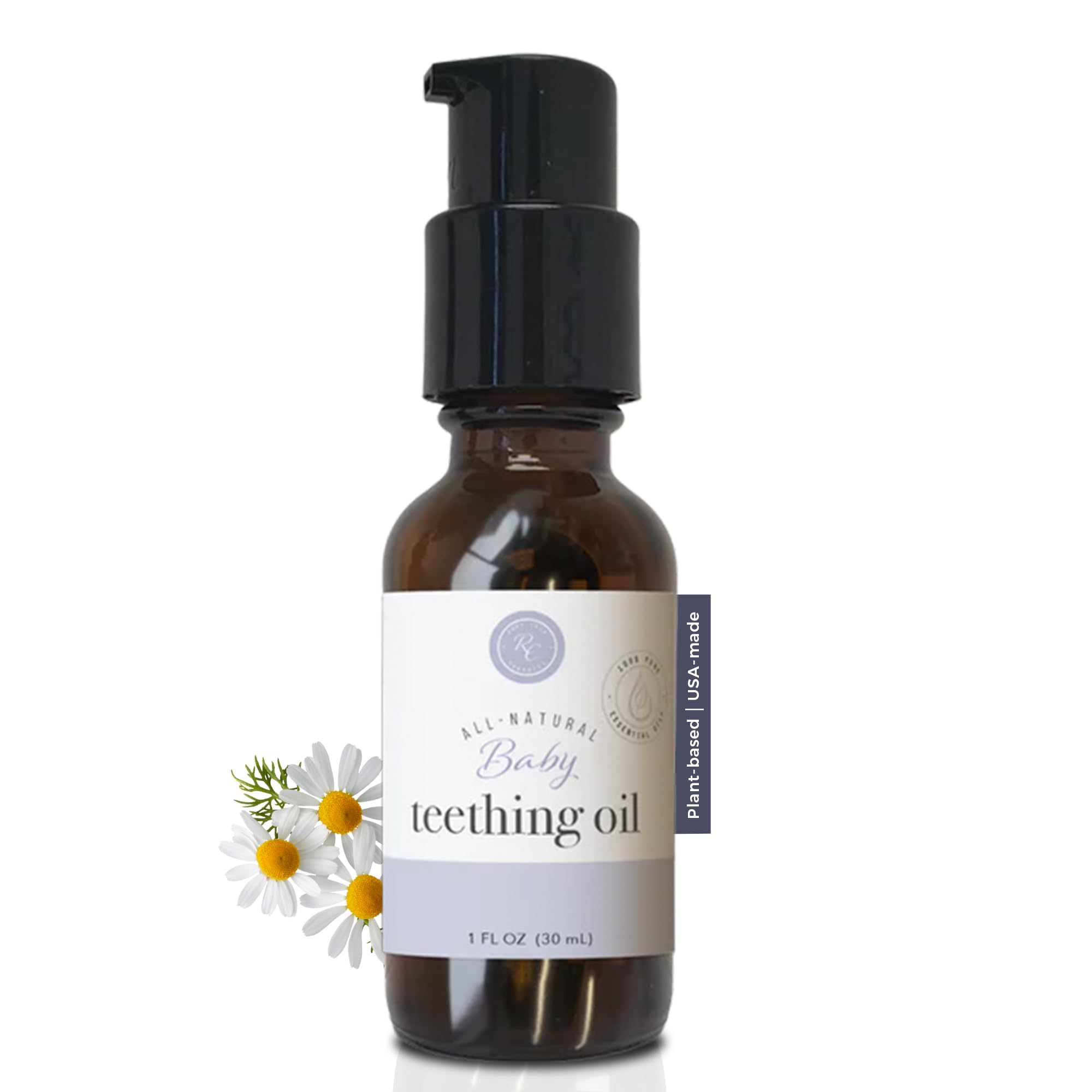 Rowe Casa Organics teething oil pump bottle for easy, mess-free application on baby gums
