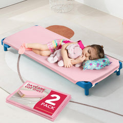RowinsyDD 2pc cot sheets pink pack shown on daycare bed for cozy sleep