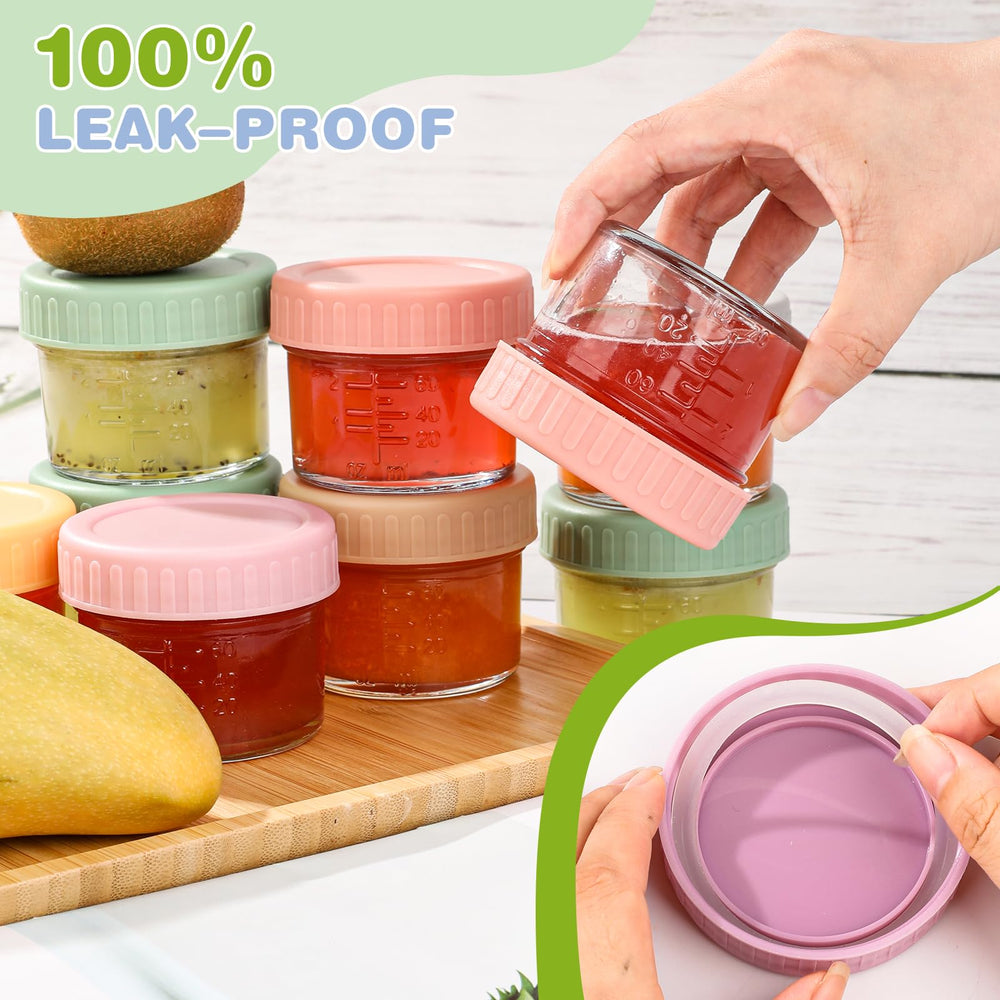 RowinsyDD glass baby-food jar lid seal demonstrates leakproof design for travel.