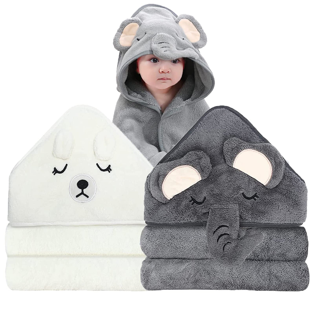 ROXANEPIG elephant bear hooded towel set closeup shows ultra-soft, absorbent fabric for newborns