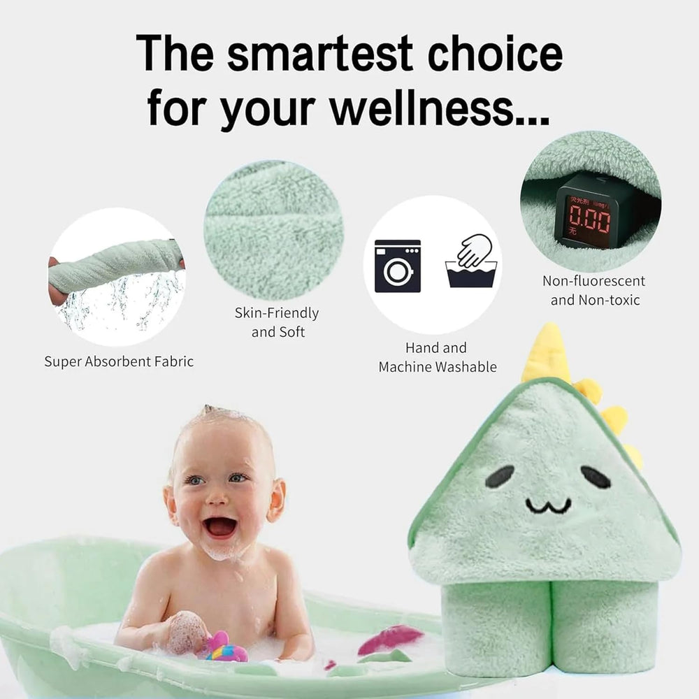 ROXANEPIG hooded baby towel green wrapped around baby post-bath by tub