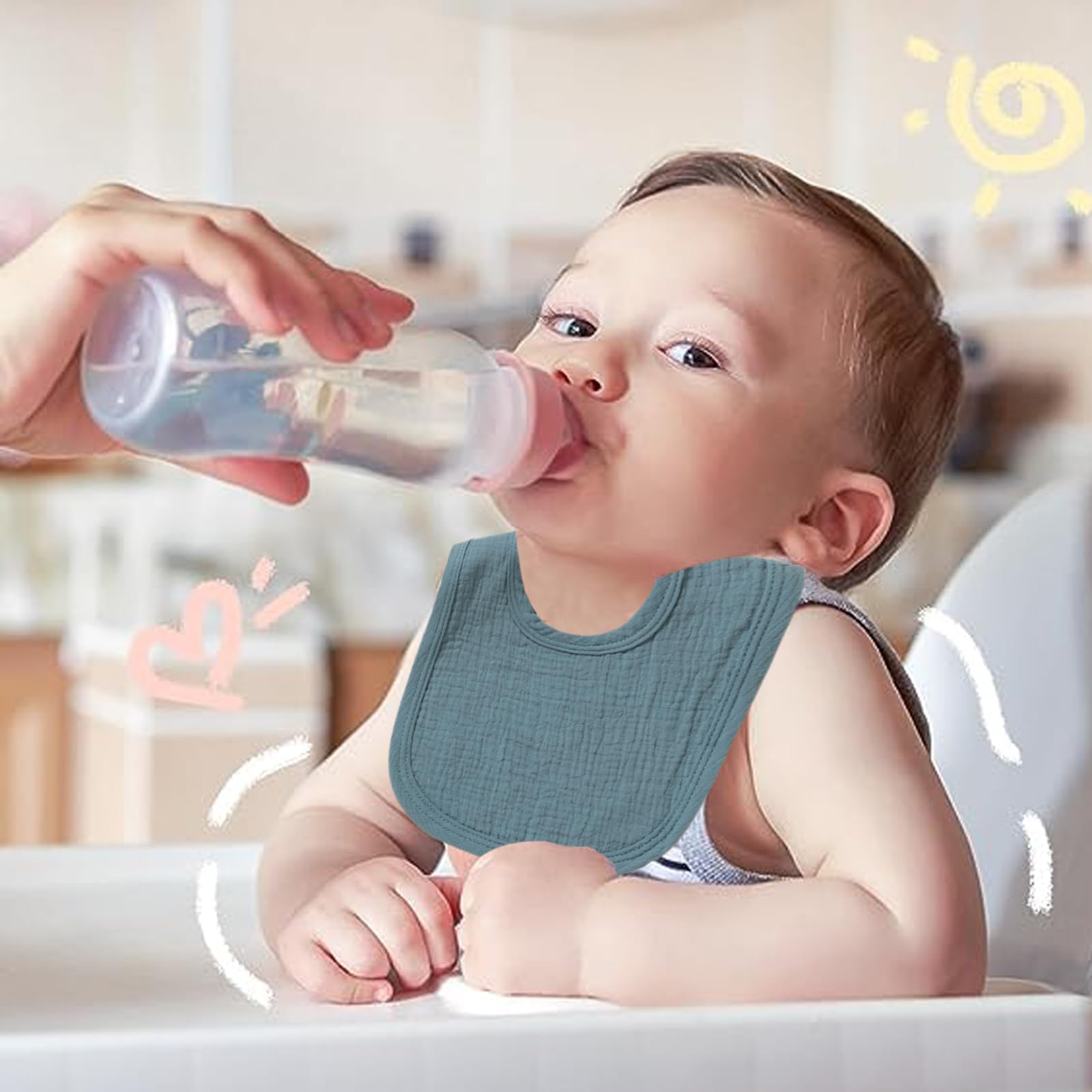 ROXANEPIG muslin baby bib on baby demonstrating drool absorption during teething
