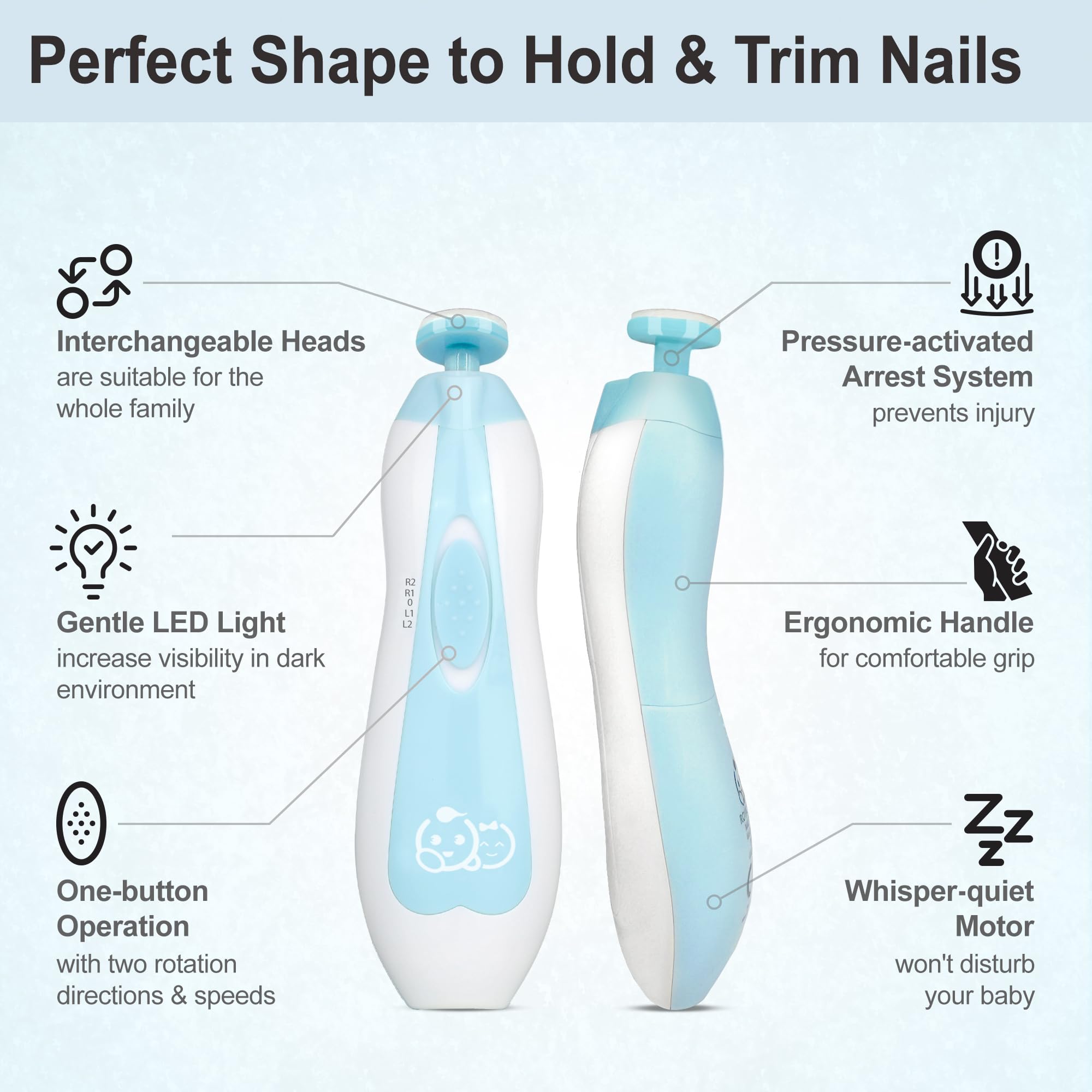 Royal Angels cushioned attachments ensure gentle nail shaping for delicate baby nails.