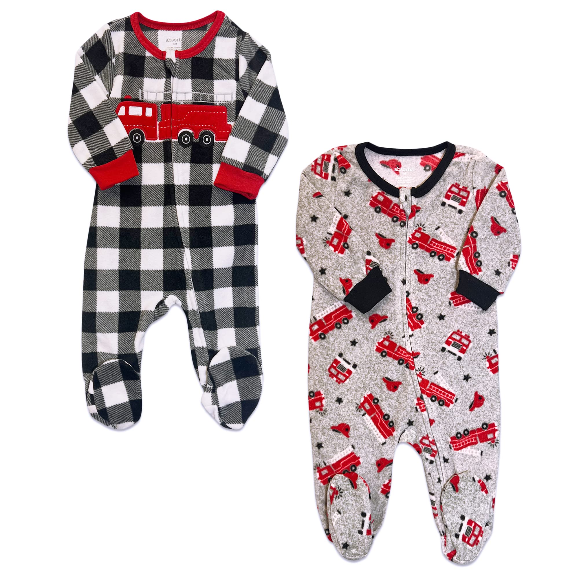 Royal Boys cozy fleece footed sleeper with zip-front in black-red for quick changes.