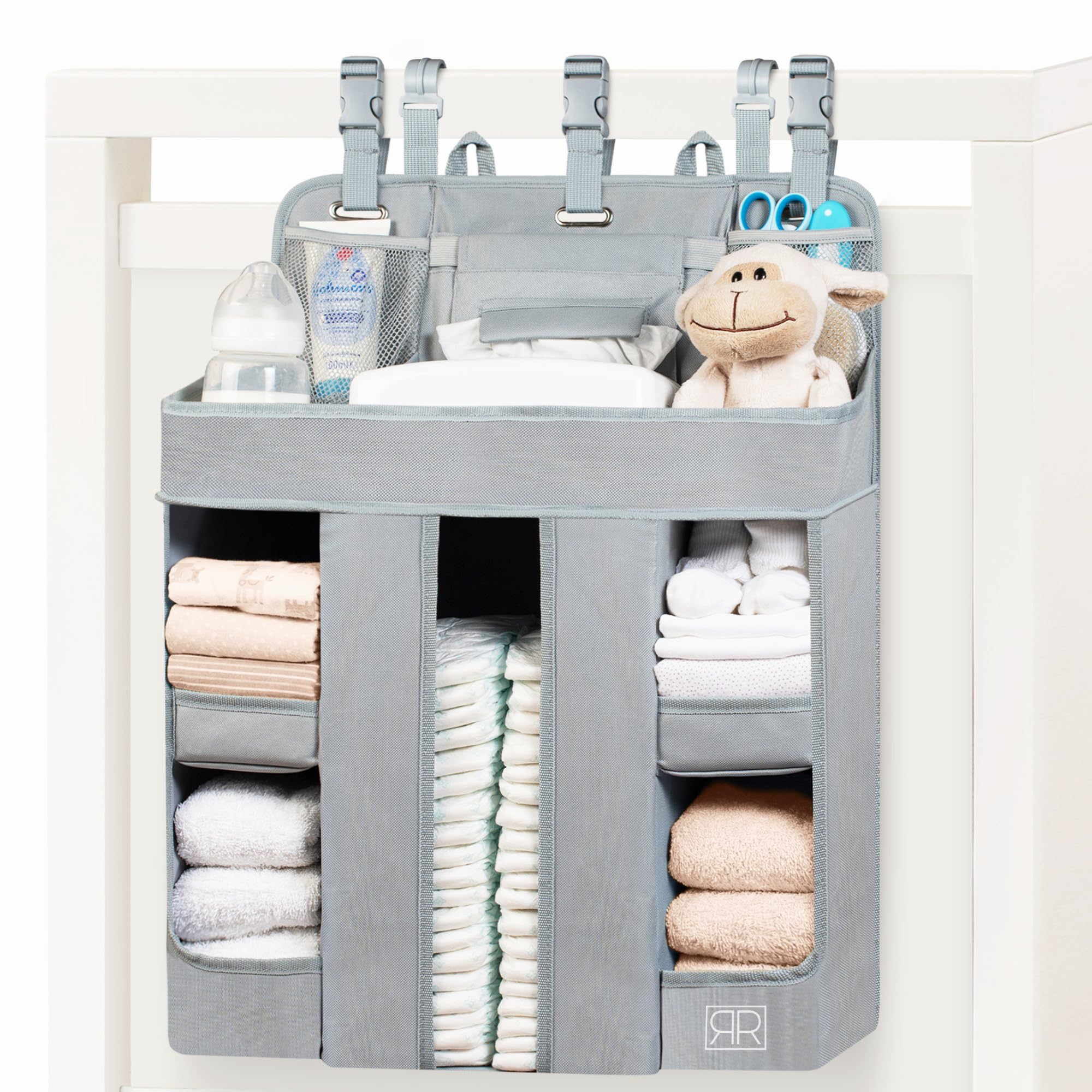 ROYAL RUSU premium hanging diaper caddy main compartments organize diapers and wipes efficiently