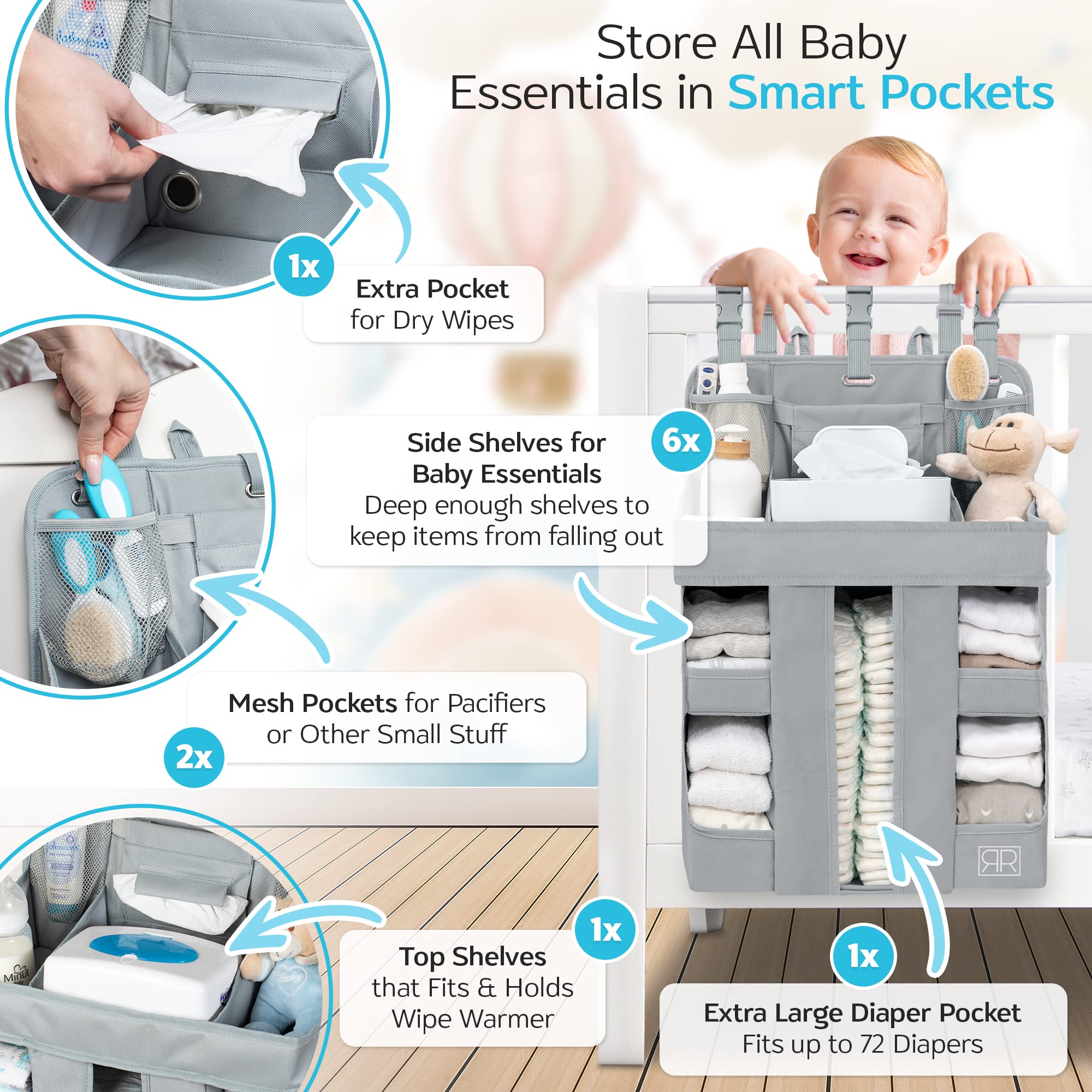 ROYAL RUSU diaper caddy mount options fit cribs, tables, or walls with secure straps