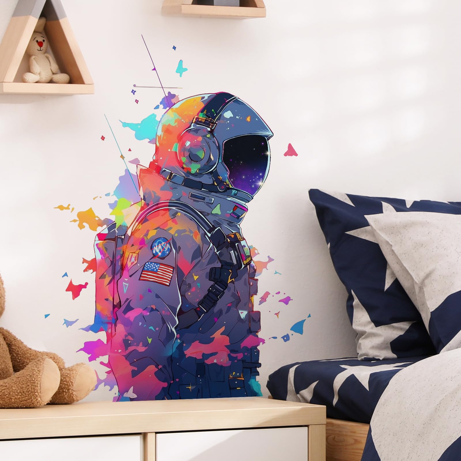RoyoLam astronaut silhouette wall sticker on white wall for kid-friendly space decor
