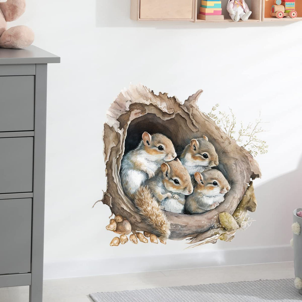 RoyoLam cute lifelike squirrels tree hole decal, removable kid-friendly decor