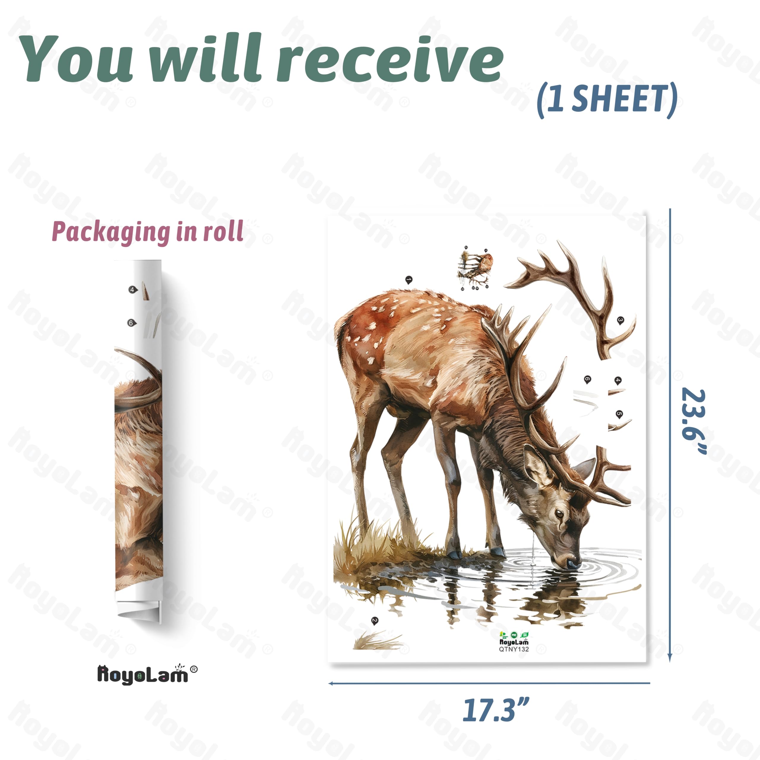 RoyoLam deer wall sticker demonstrates versatile surface use on tiles.