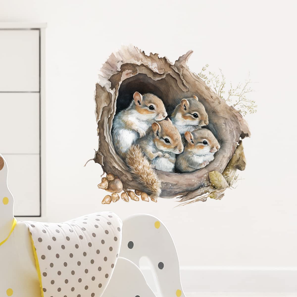 RoyoLam removable wall art featuring squirrels climbing a tree hole for renters