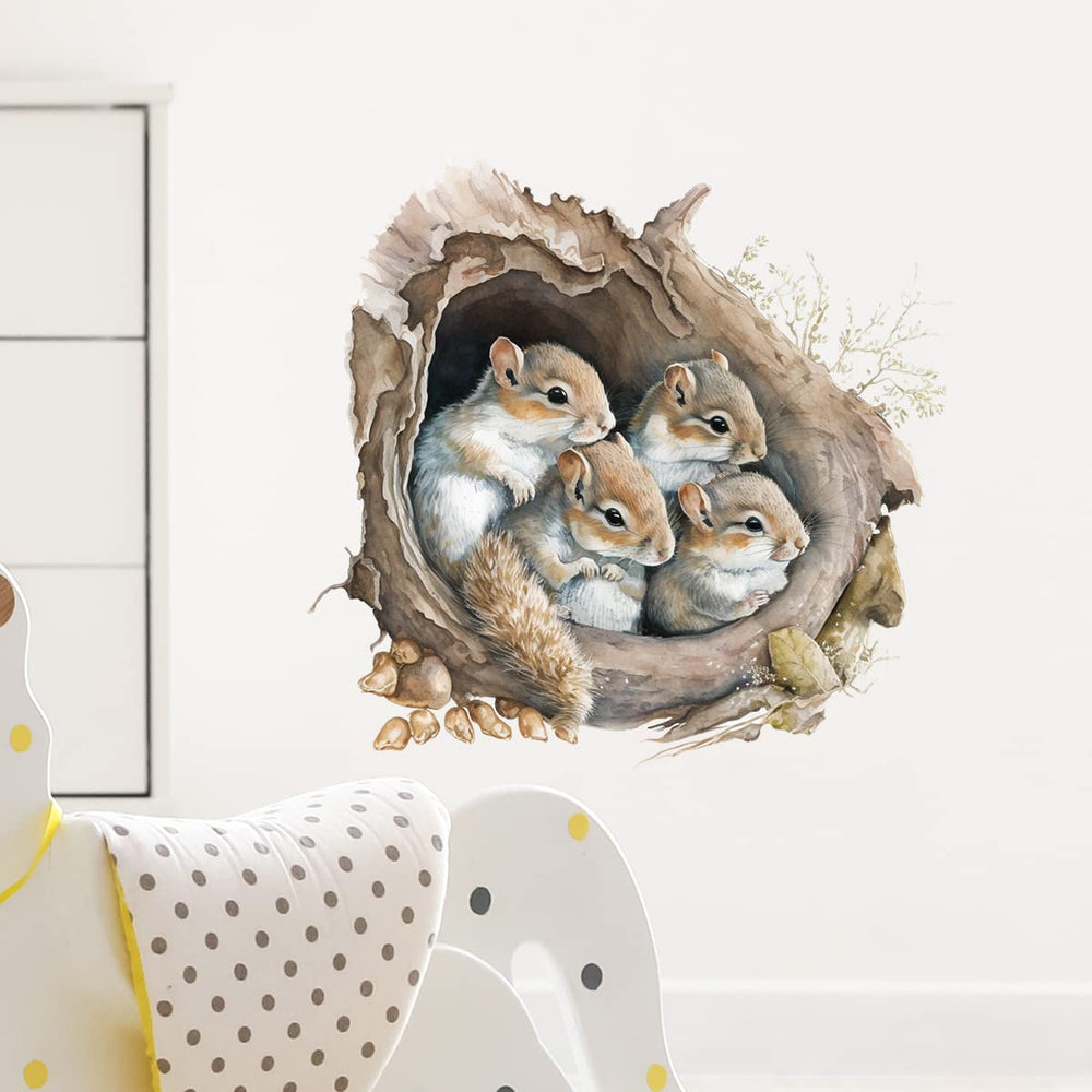 RoyoLam removable wall art featuring squirrels climbing a tree hole for renters