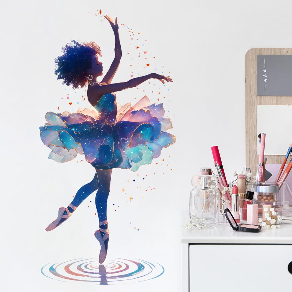 Royolam black ballet girl decal in mid-pose adds magical wall art for kids' room.