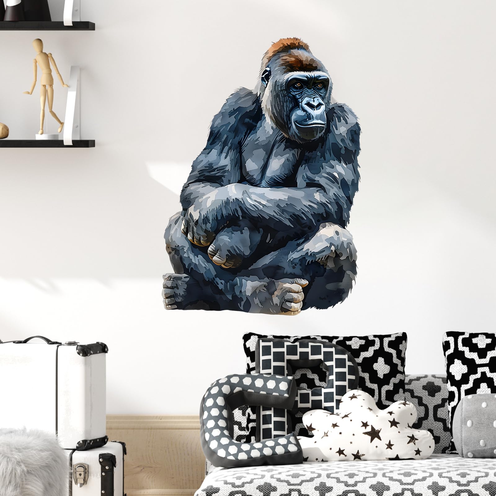 RoyoLam gorilla decal on clean wall in kids' playroom offers bold decoration.