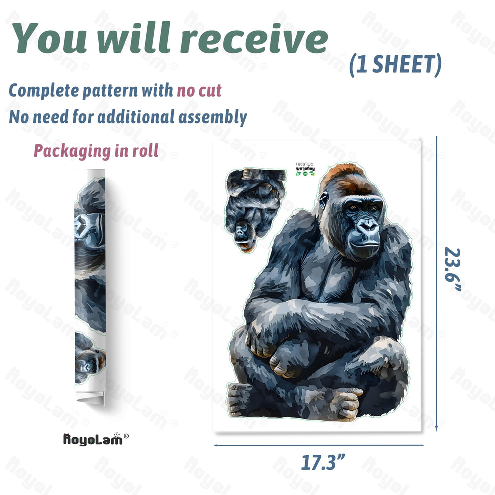 RoyoLam gorilla wall art brightens living room backdrop with playful character.