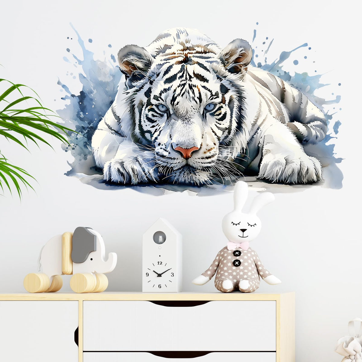 RoyoLam cool watercolor white tiger wall decal on wall adds playful nursery style
