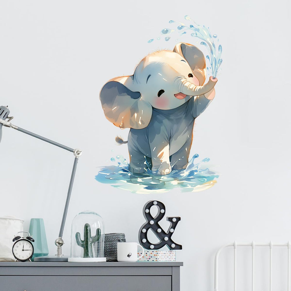 Royolam elephant wall decal shows playful water spray detail for a kids bath scene.