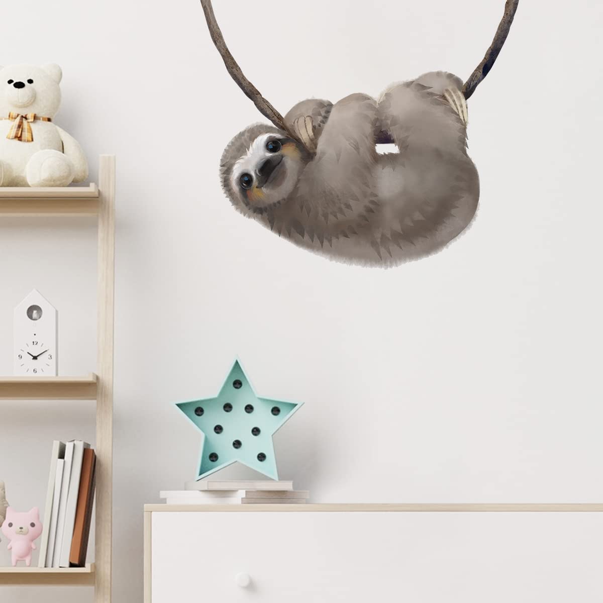 RoyoLam Little Sloth wall decal close-up on vine with bright colors for nursery decor