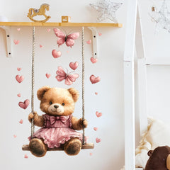 RoyoLam teddy bear wall decal pink dress brightens nursery walls without mess.