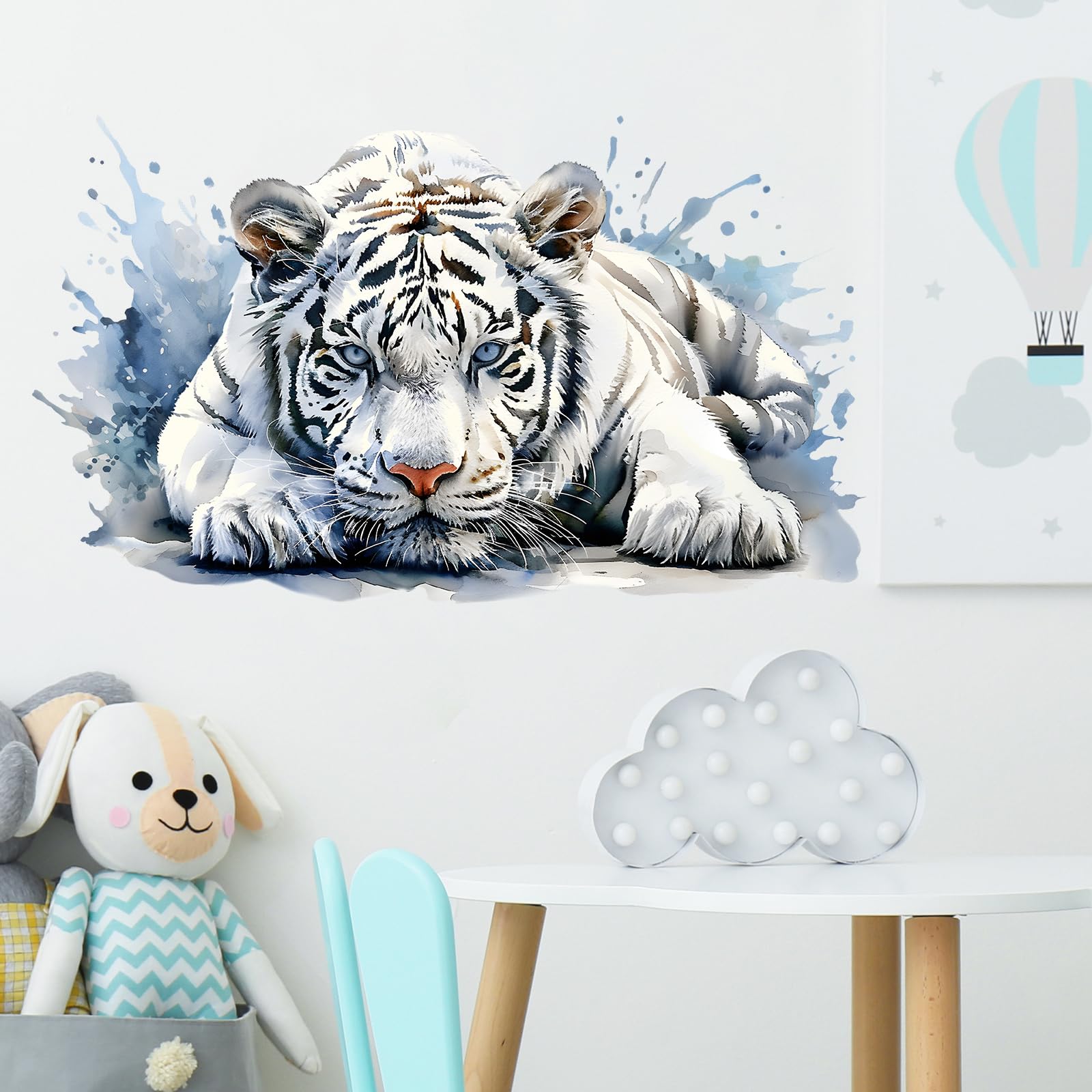 RoyoLam white tiger watercolor close-up shows vibrant artwork detail for decor