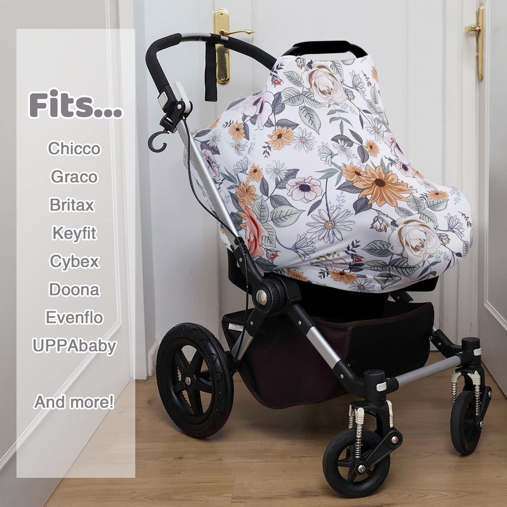 Rquiet car seat canopy doubles as nursing cover for discreet feeding.