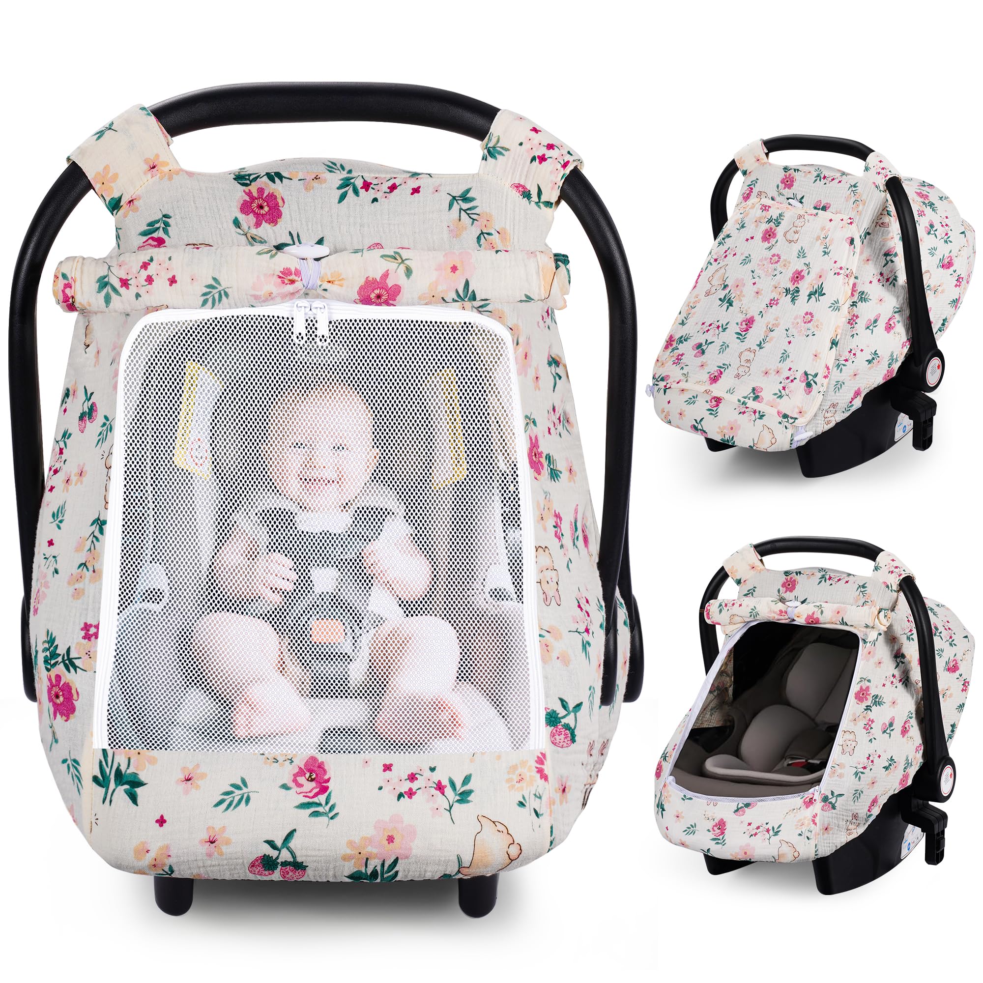 Rquiet car seat cover breathable muslin fabric keeps baby cool and comfortable.