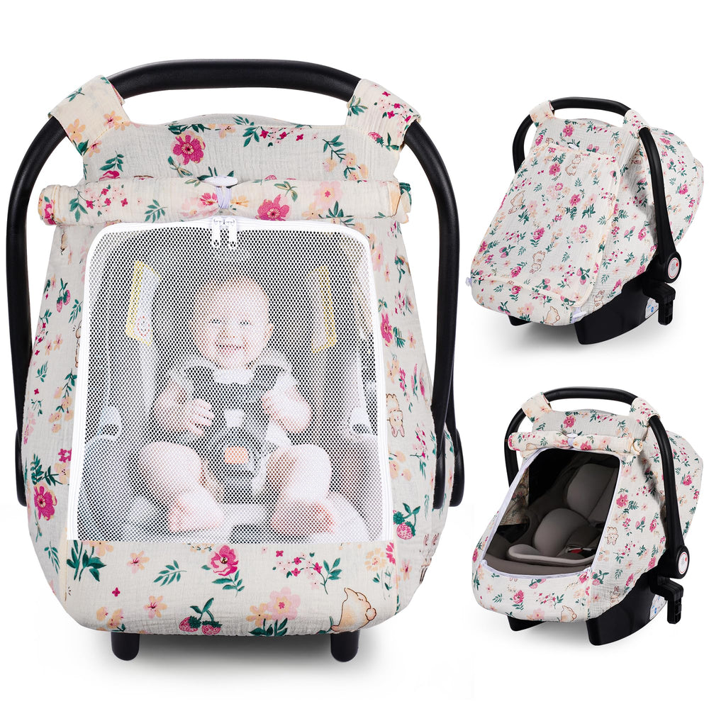 Rquiet car seat cover breathable muslin fabric keeps baby cool and comfortable.