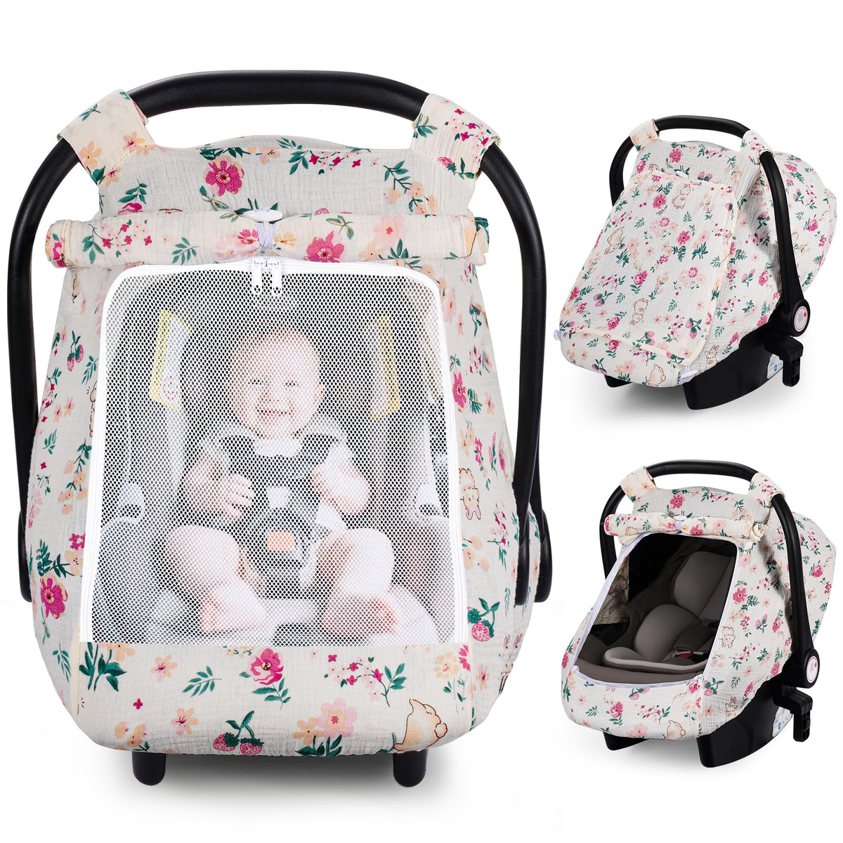 Rquiet car seat cover breathable muslin fabric keeps baby cool and comfortable.