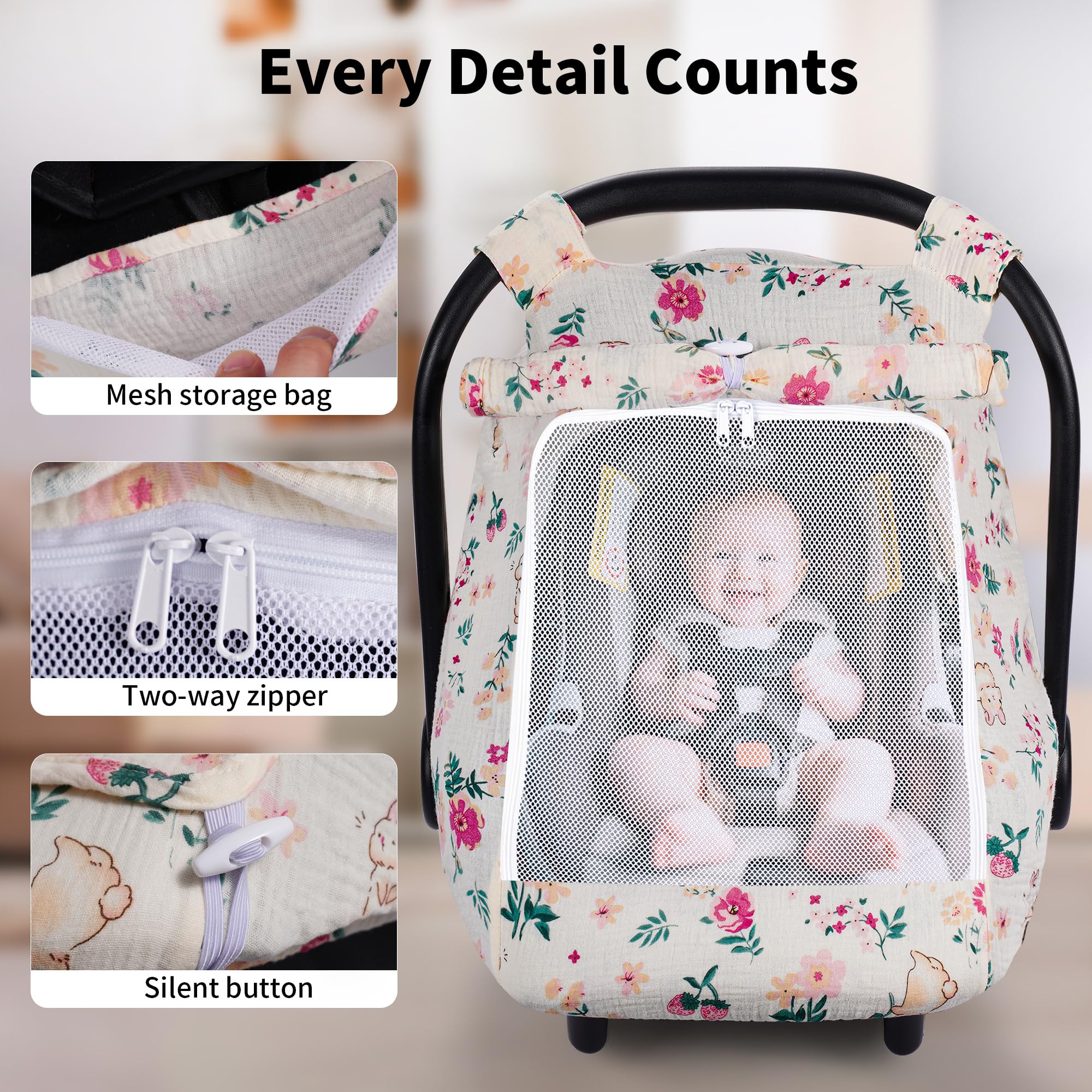 Rquiet car seat cover canopy with Velcro straps stays clear of baby's face.