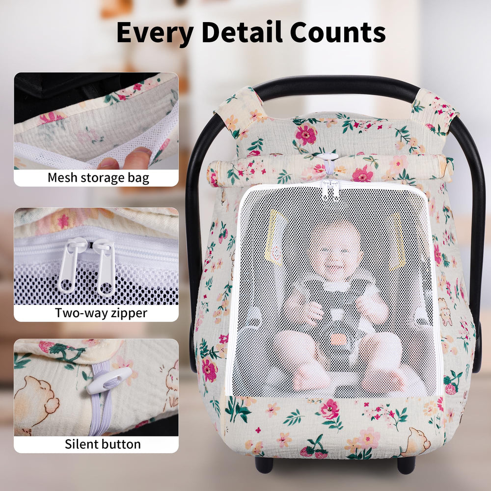 Rquiet car seat cover canopy with Velcro straps stays clear of baby's face.