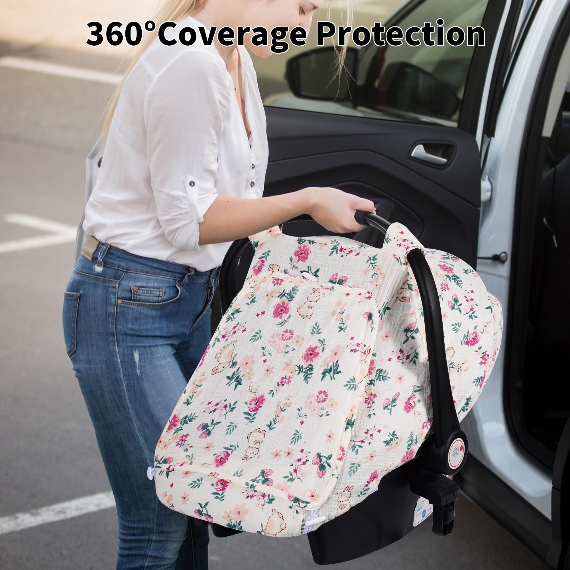 Rquiet car seat cover two-layer window design balances ventilation and privacy.
