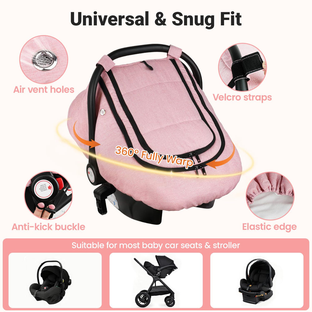 Rquiet car-seat-cover-two-windows provides easy access and temperature control for baby.