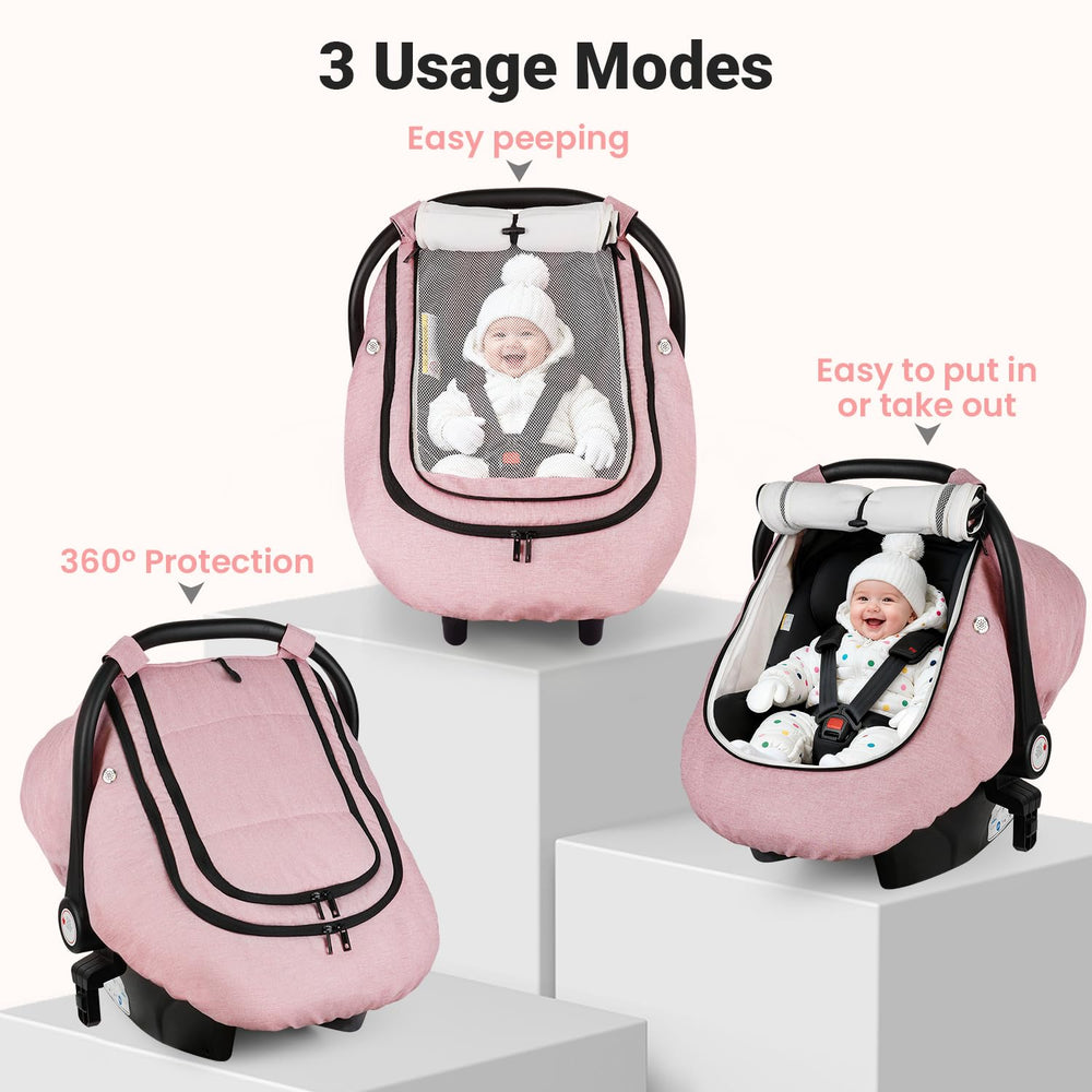Rquiet car-seat-cover-ventilation-holes ensures airflow while keeping baby sheltered.