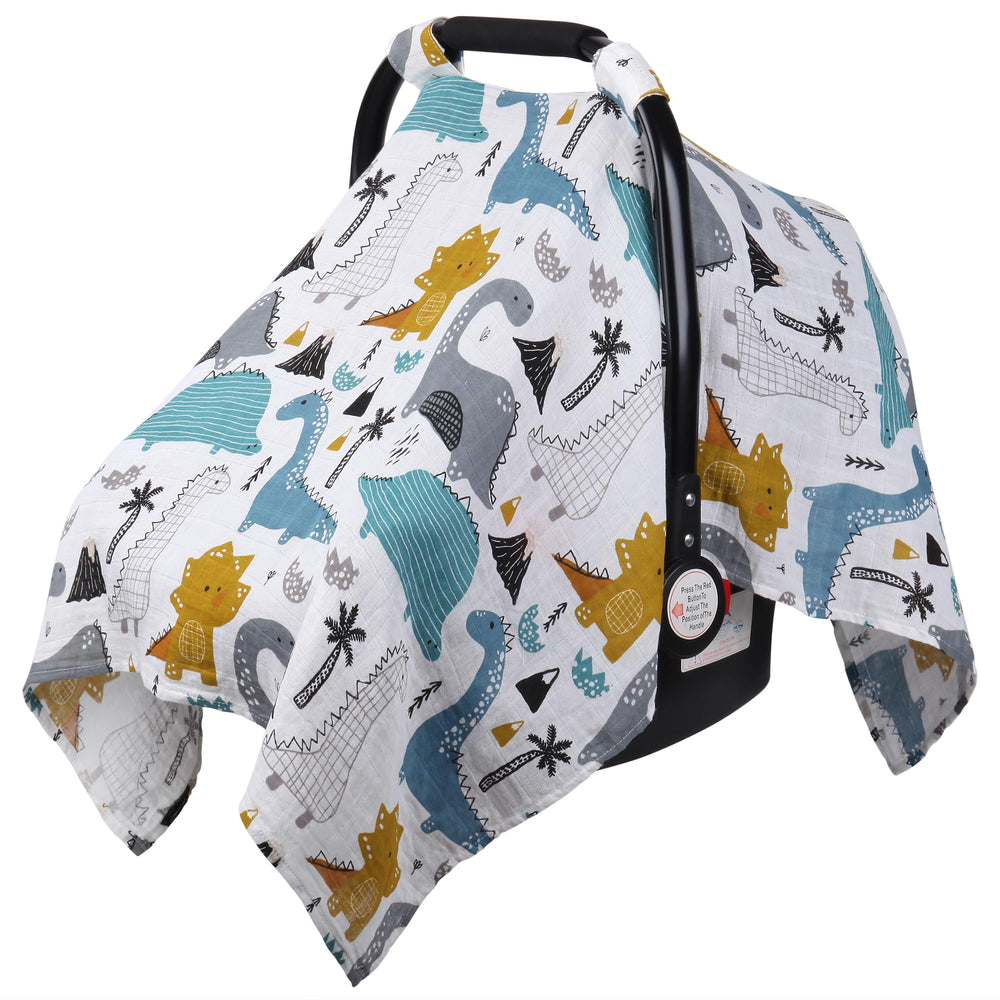 Rquiet Dinosaurs carseat cover on seat shows 360-degree protection and privacy for baby