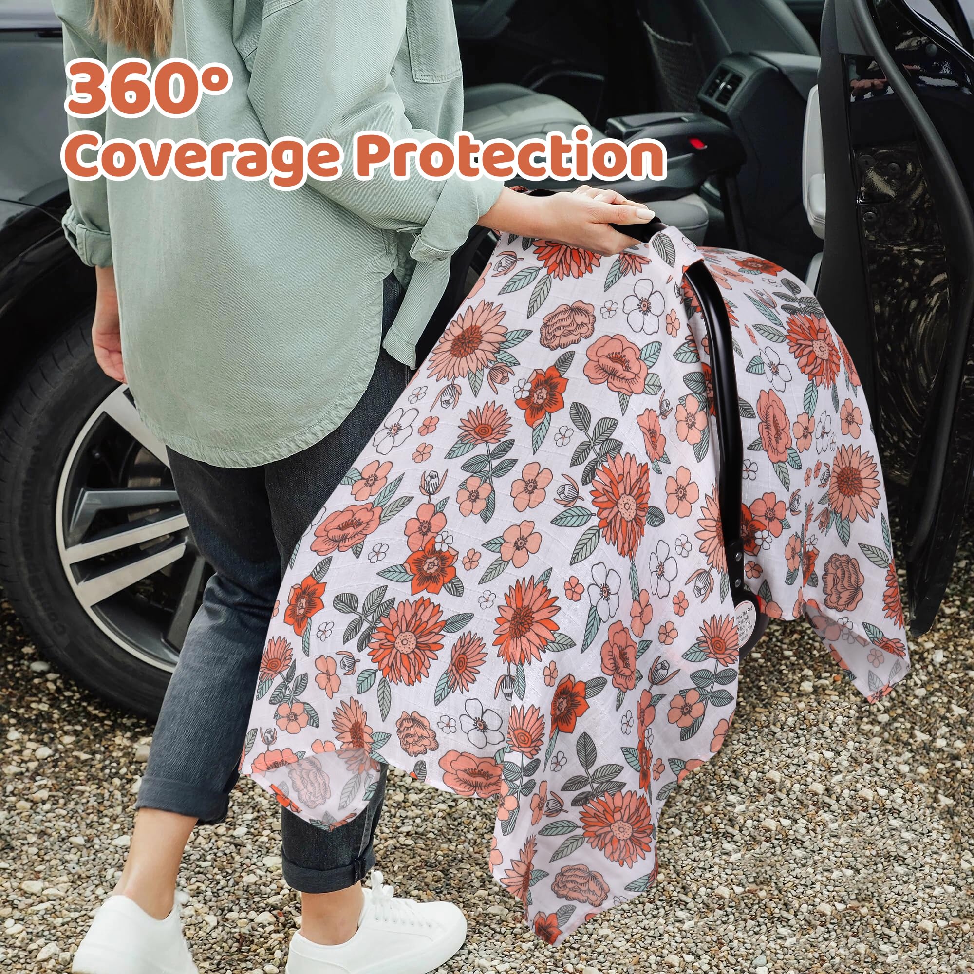 Rquiet summer stroller shade with flower print provides shade and airflow.