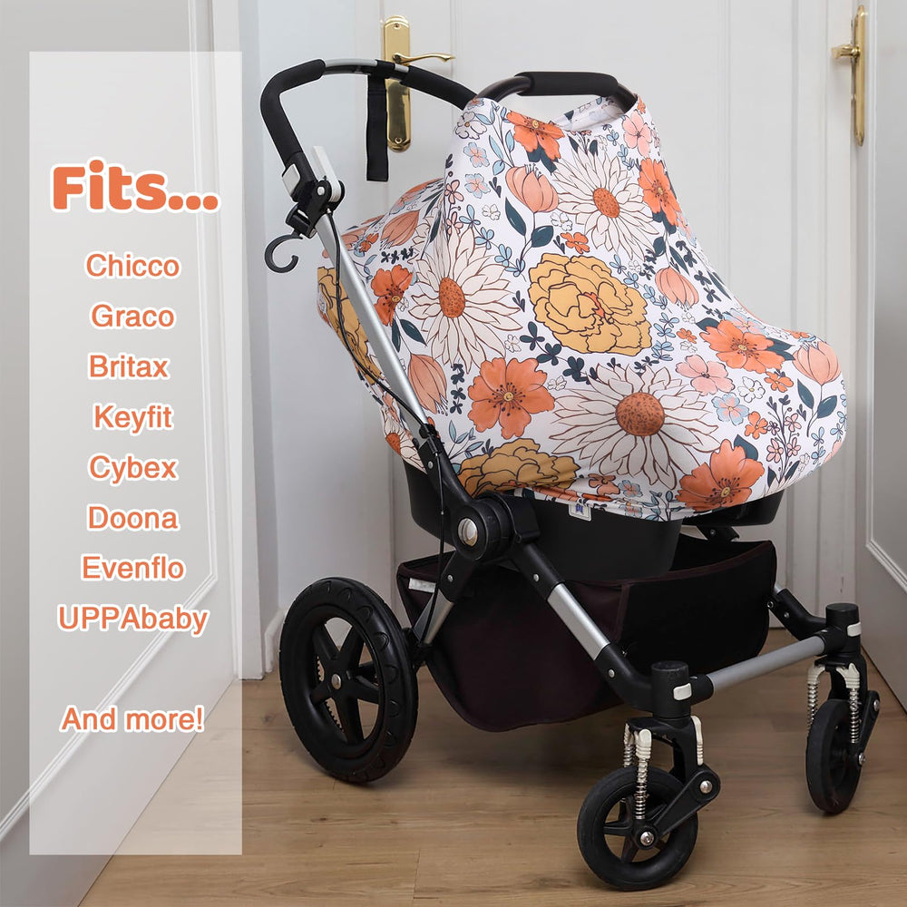 Rquite All-in-1 car seat cover fits snug over a carrier for secure protection.