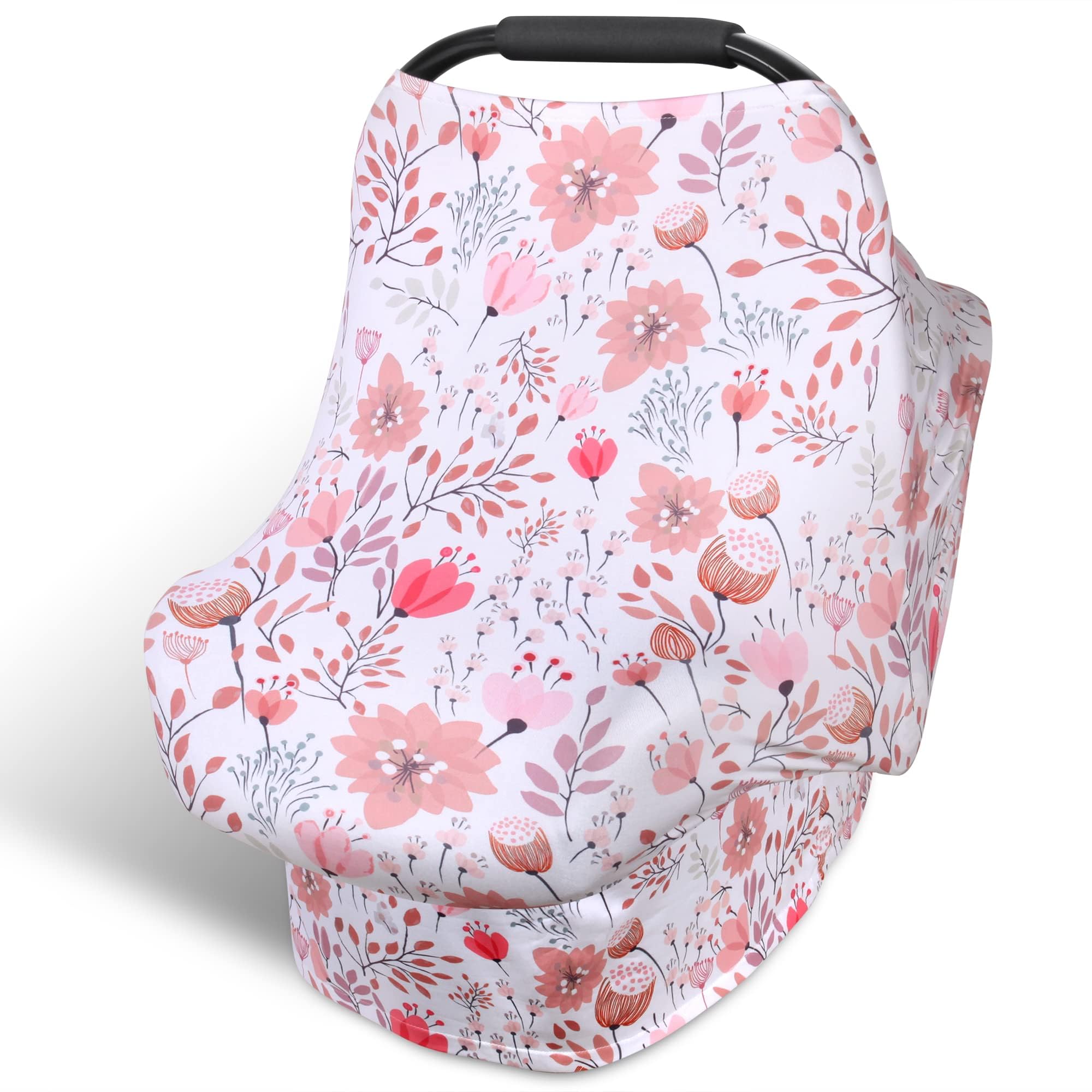 Rquite all-in-1 car seat cover draped over a carrier for private nursing on the go