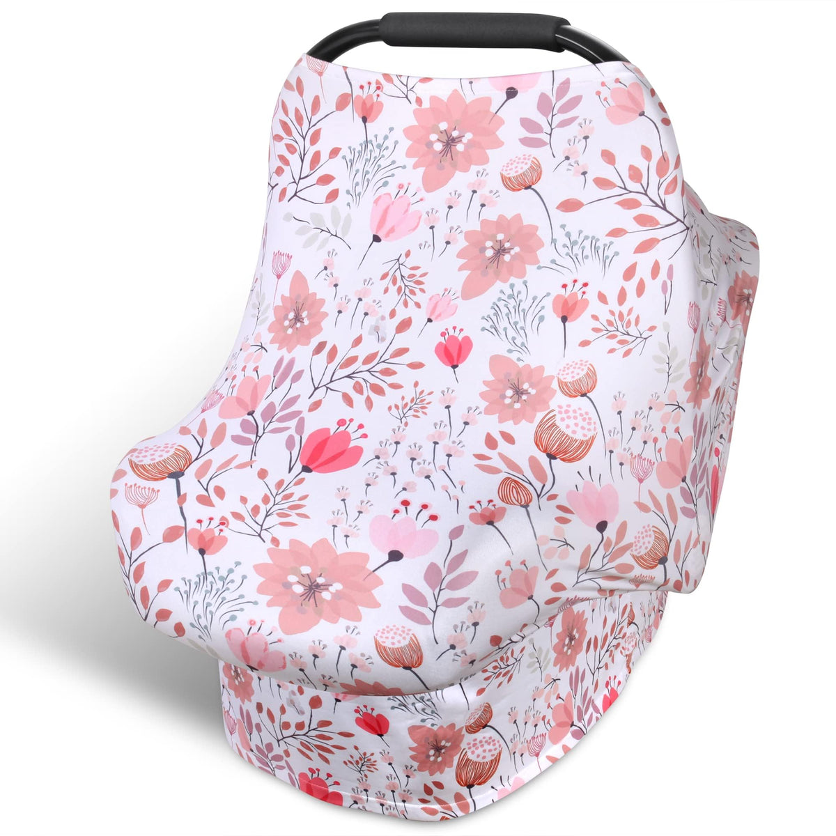 Rquite all-in-1 car seat cover draped over a carrier for private nursing on the go