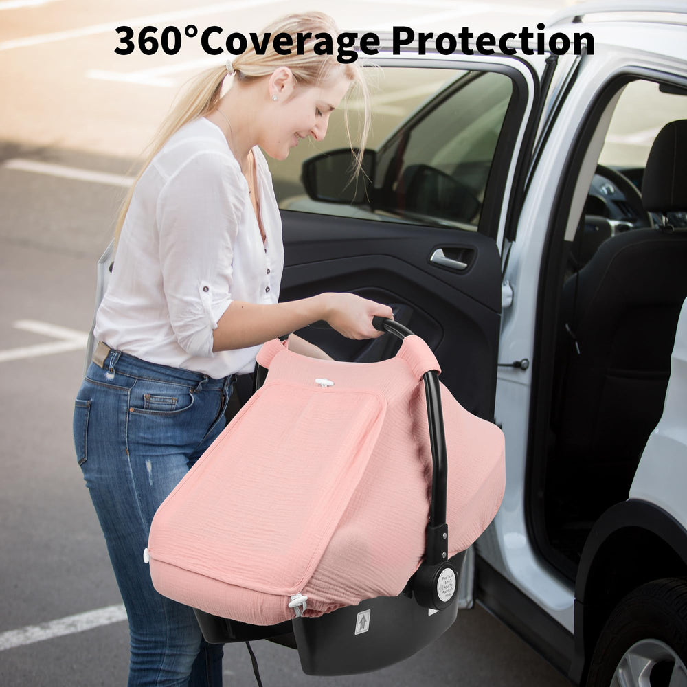 Rquite infant car seat cover elastic-bottom-fit demonstrating snug universal fit.
