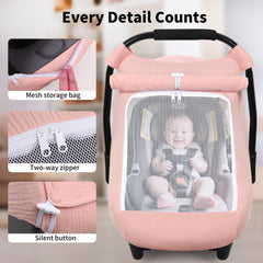 Rquite car seat cover with velcro handle straps securing canopy away from baby's face.