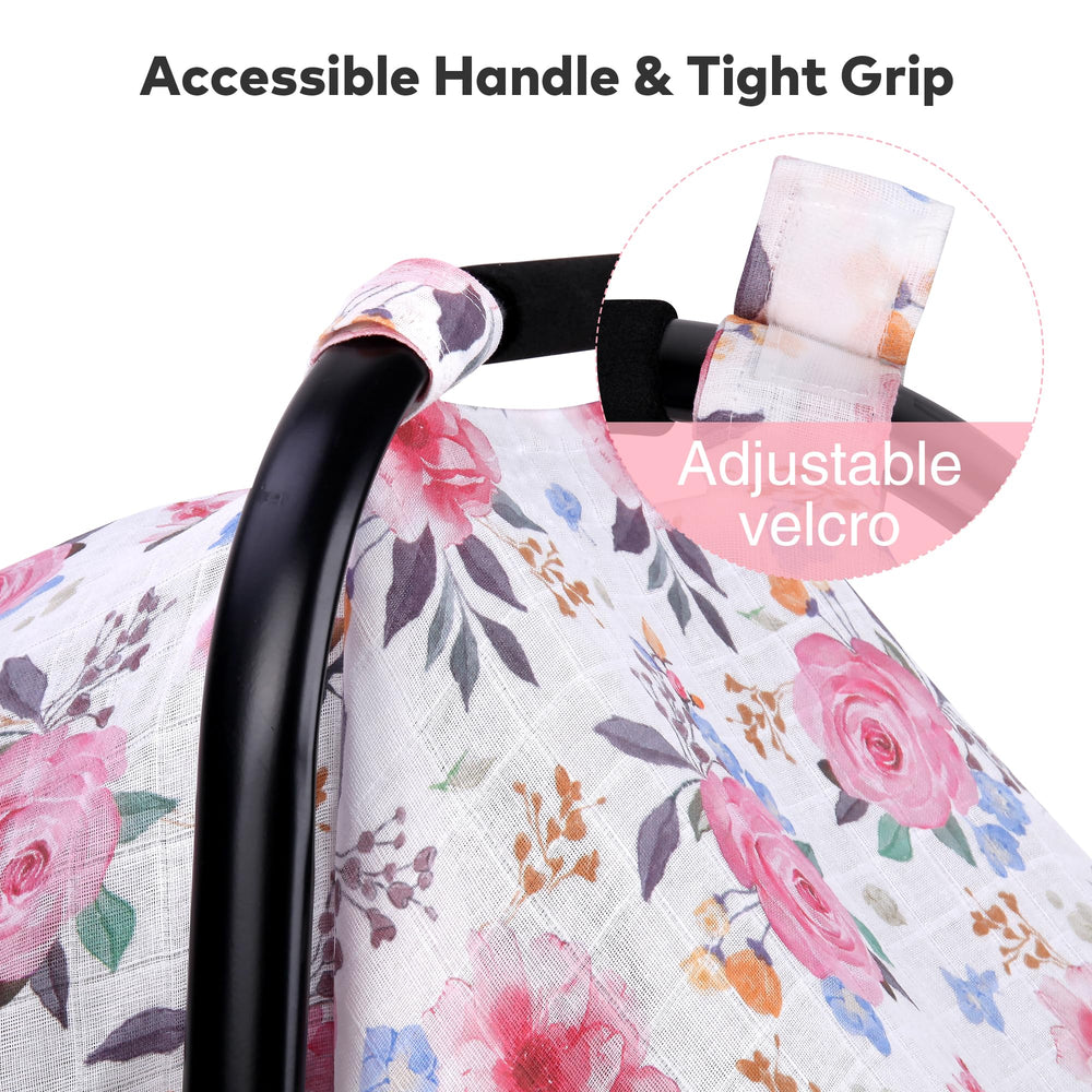Rquite muslin car seat cover laid flat shows large universal dimensions for seats