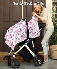 Rquite muslin car seat cover on car seat demonstrates 360 degree protection