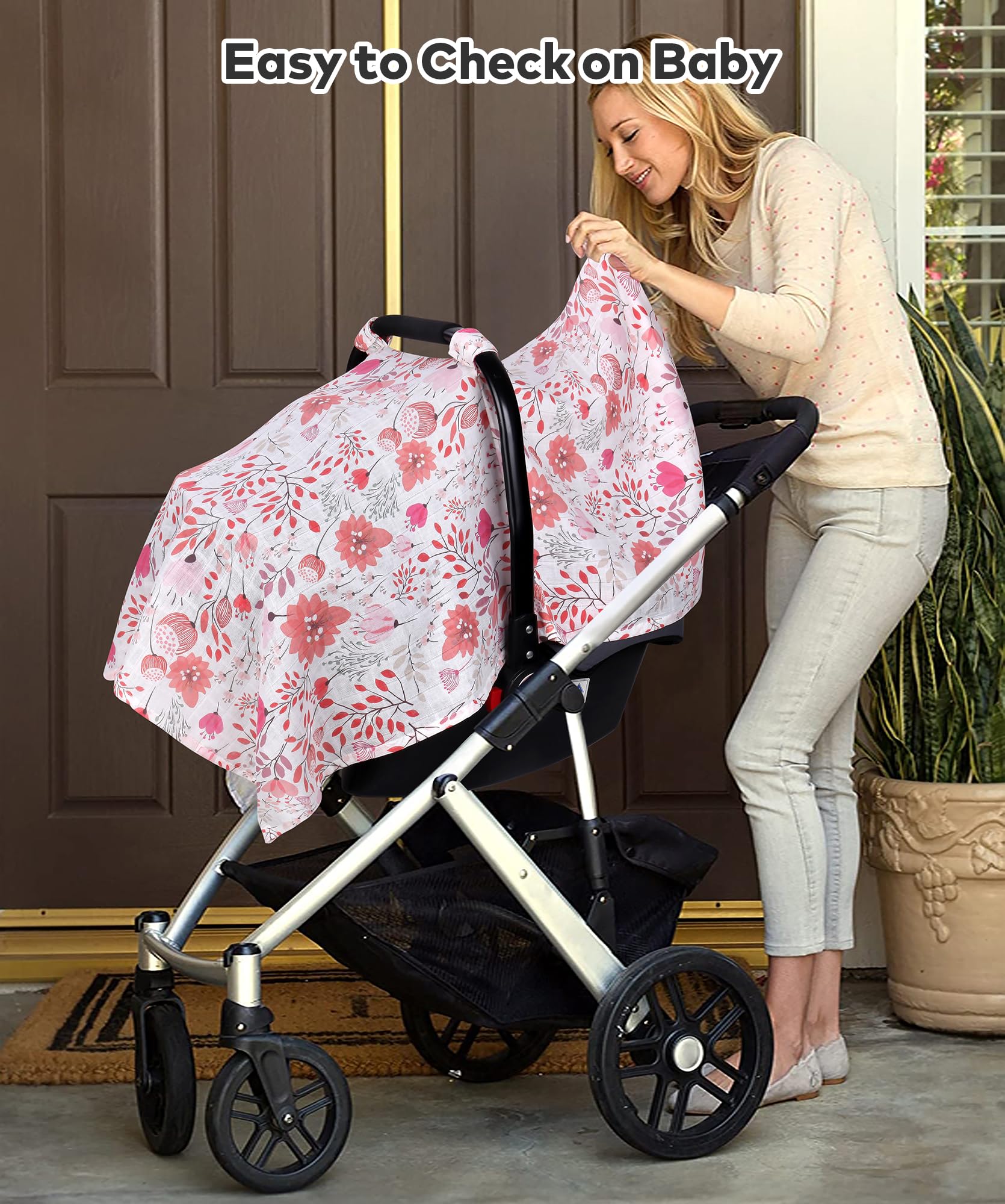 Rquite muslin car seat cover universal fit accommodates most seats and strollers.