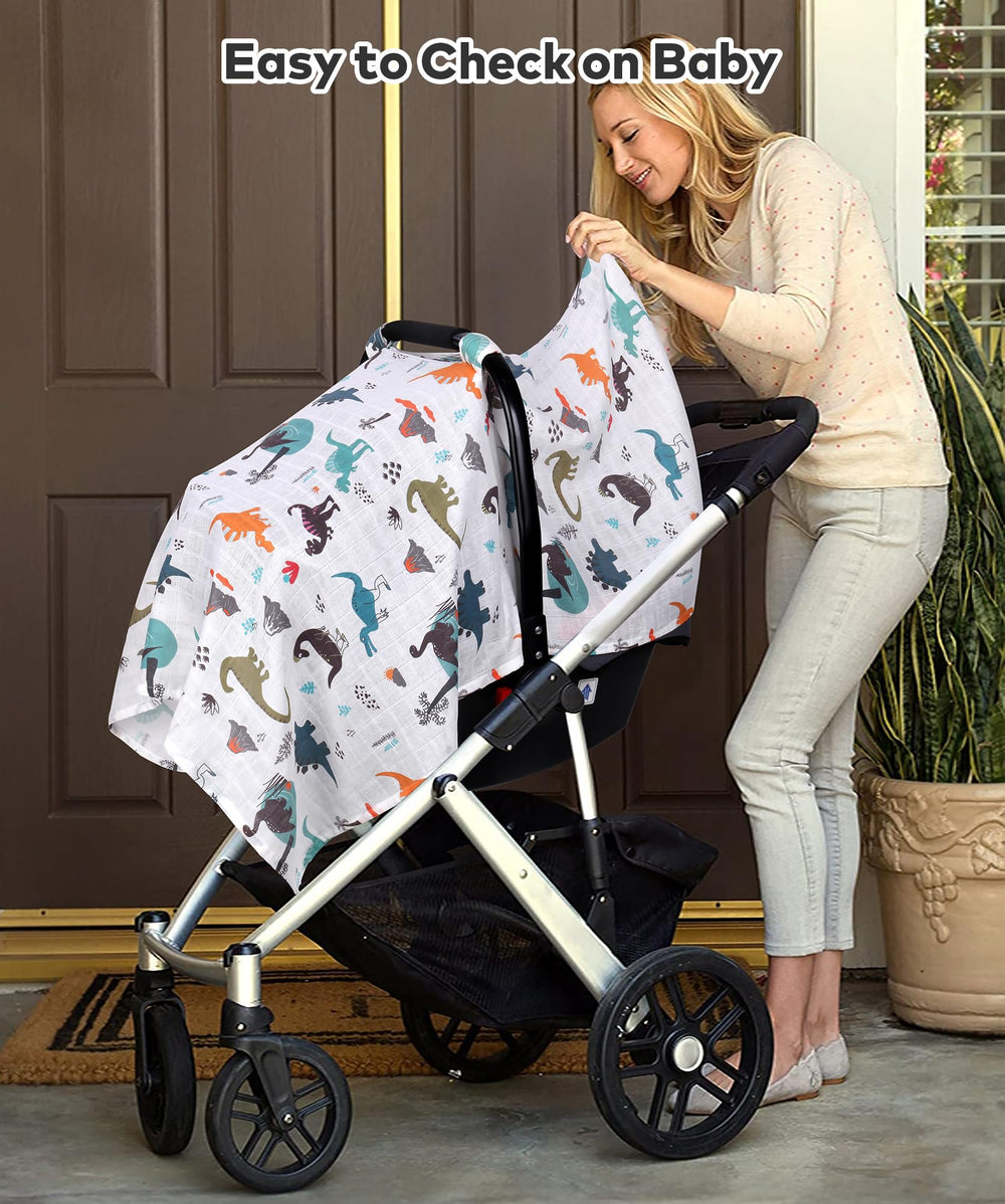 Rquite Muslin Car Seat Cover shields on sunny summer drives.