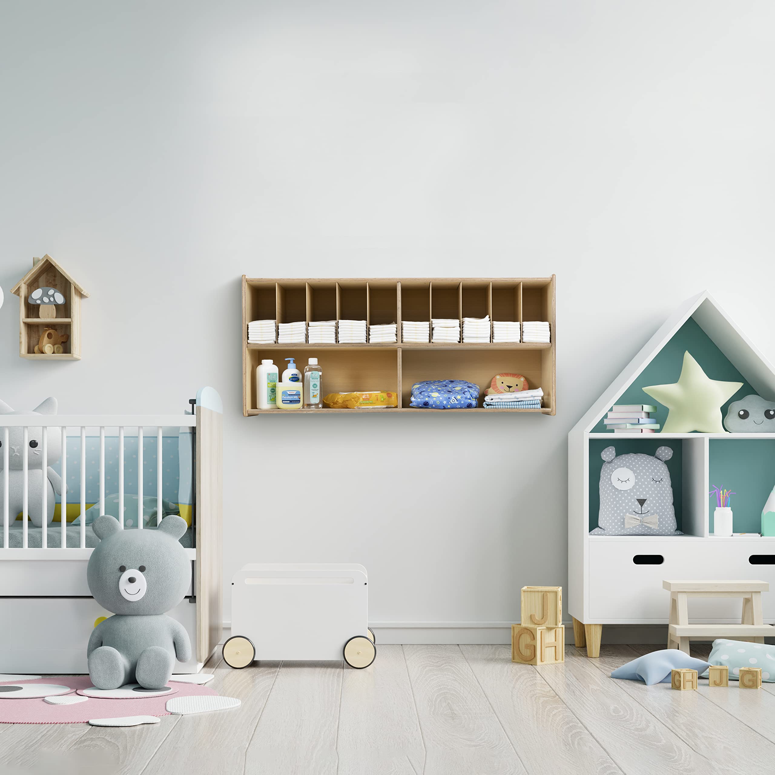 RRI Goods multi-purpose storage supports toys and books as your child grows.