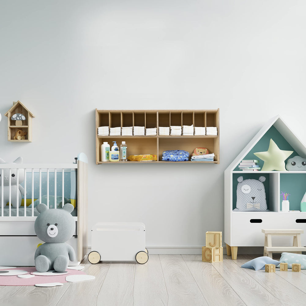 RRI Goods multi-purpose storage supports toys and books as your child grows.